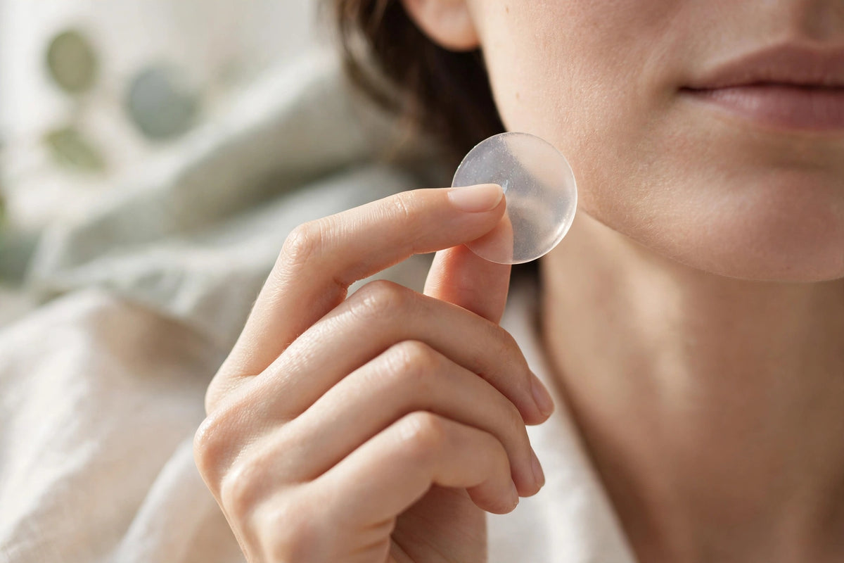 Hand holding a translucent hydrocolloid patch near the jaw — lifestyle image