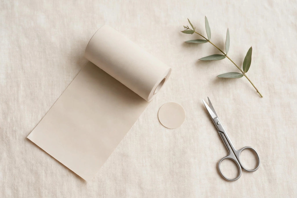 Unbranded hydrocolloid roll unrolled on ivory linen with a cut patch, scissors, and a eucalyptus sprig — lifestyle image