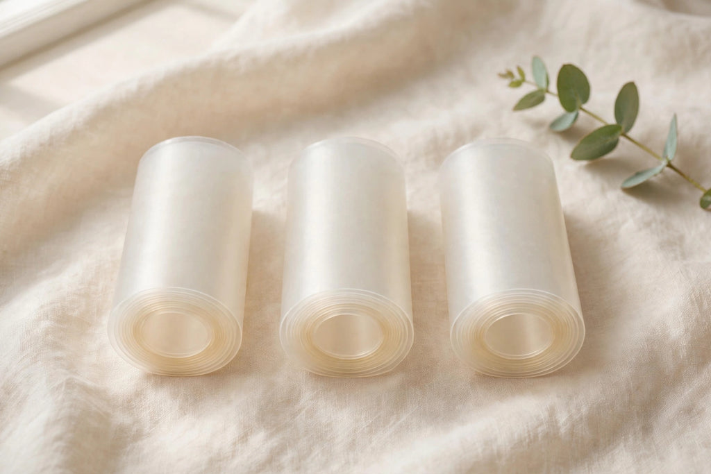 Three plain unbranded hydrocolloid rolls in a row on ivory linen — lifestyle image