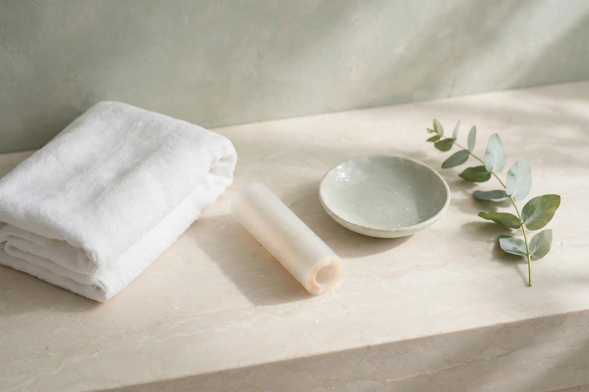 Serene vanity scene with a plain unbranded hydrocolloid roll, folded white towel, pale sage dish, and eucalyptus — lifestyle image