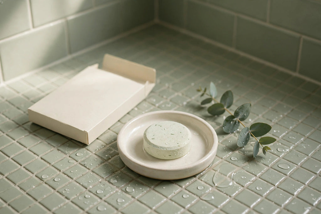 Shower steamer tablet in a ceramic tray on a shower floor