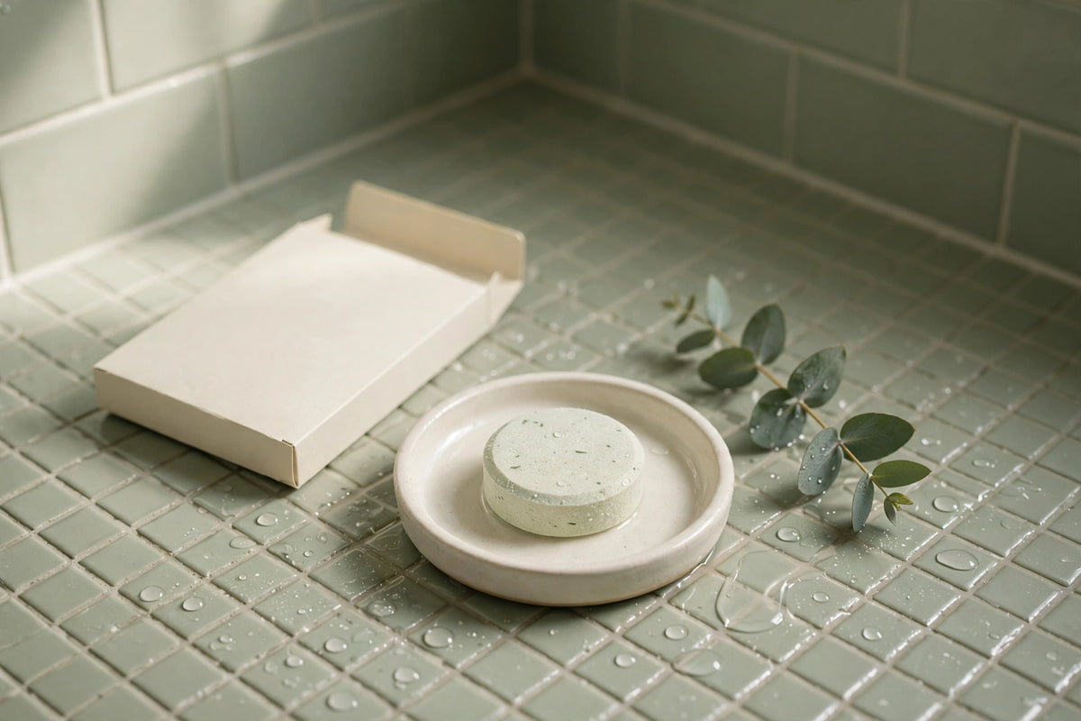 Shower steamer tablet in a ceramic tray on a shower floor