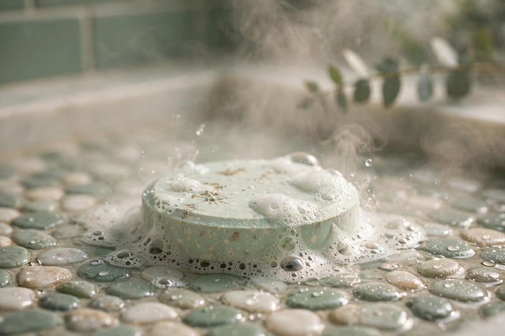 Shower steamer tablet fizzing with steam rising on a shower floor