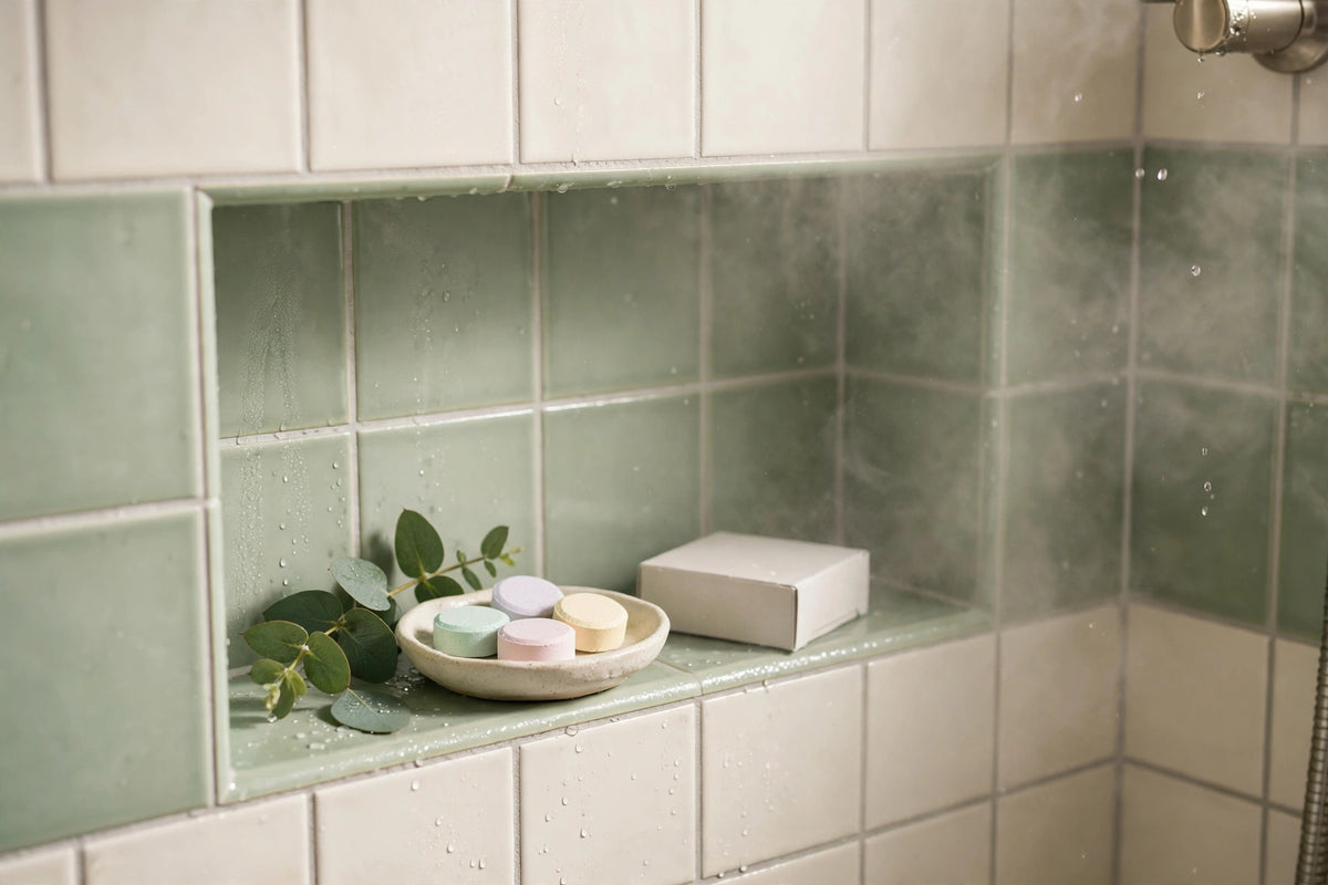 Shower steamer tablets in a dish on a shower shelf