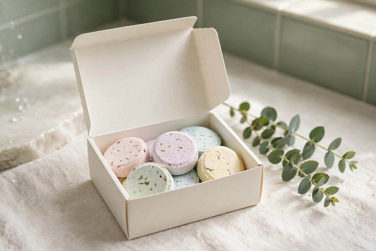 Pastel shower steamer tablets in an open box