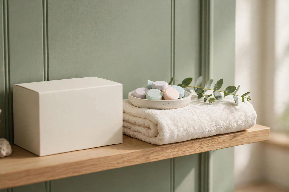 Shower steamer tablets and box on a bathroom shelf with towels