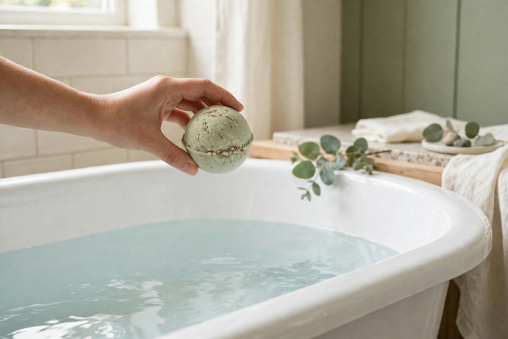 Hand holding a sage bath bomb over a bathtub