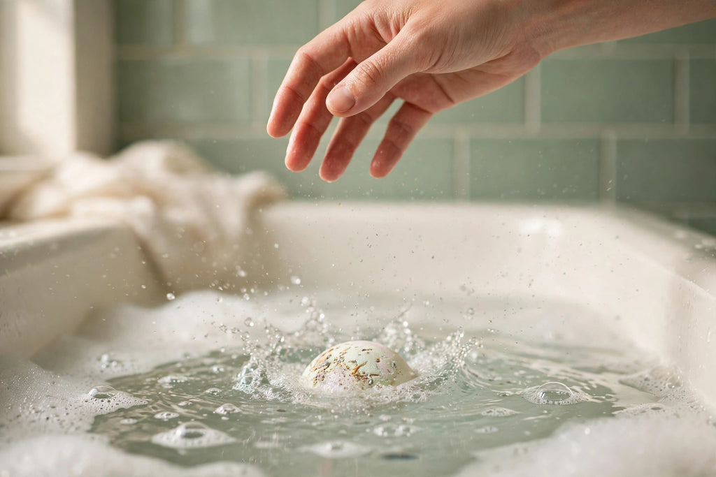 Bath bomb fizzing as it drops into bath water