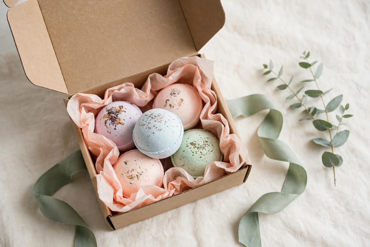 Open gift box of pastel bath bombs with ribbon