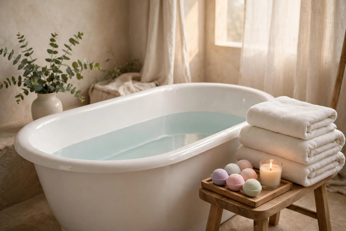 Calm bath setting with tub, towels, candle and bath bombs