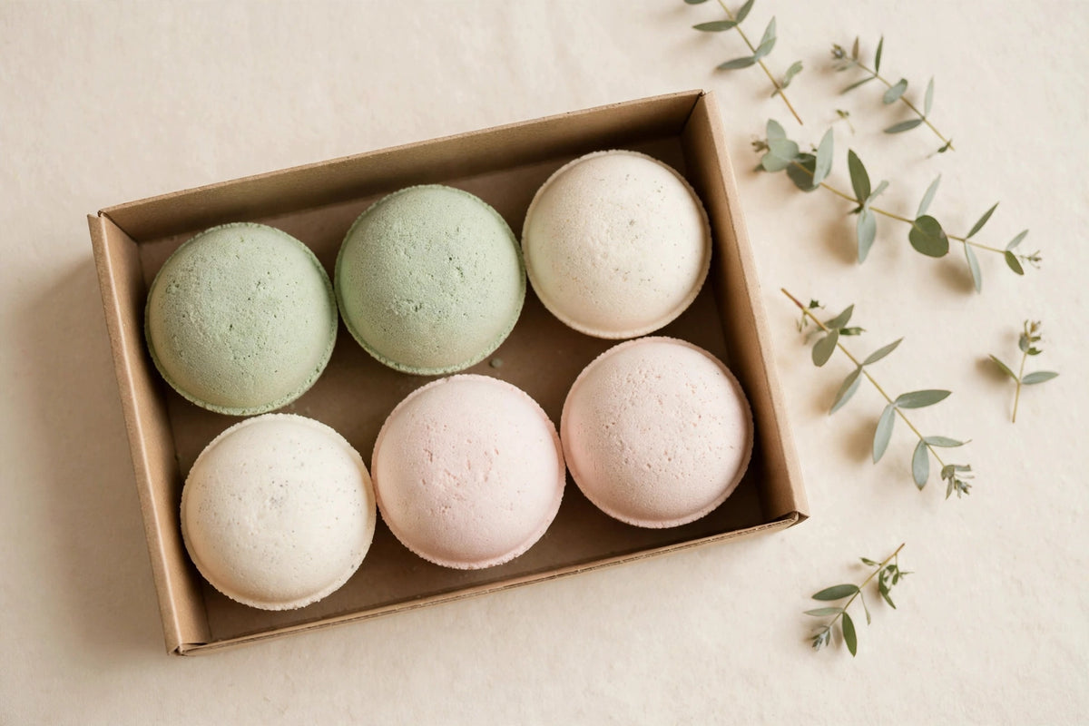 Bath bombs in pastel shades in a plain open gift box
