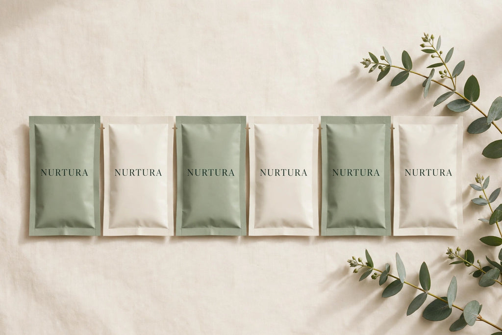 NURTURA-branded bath soak sachets in sage and ivory pouches