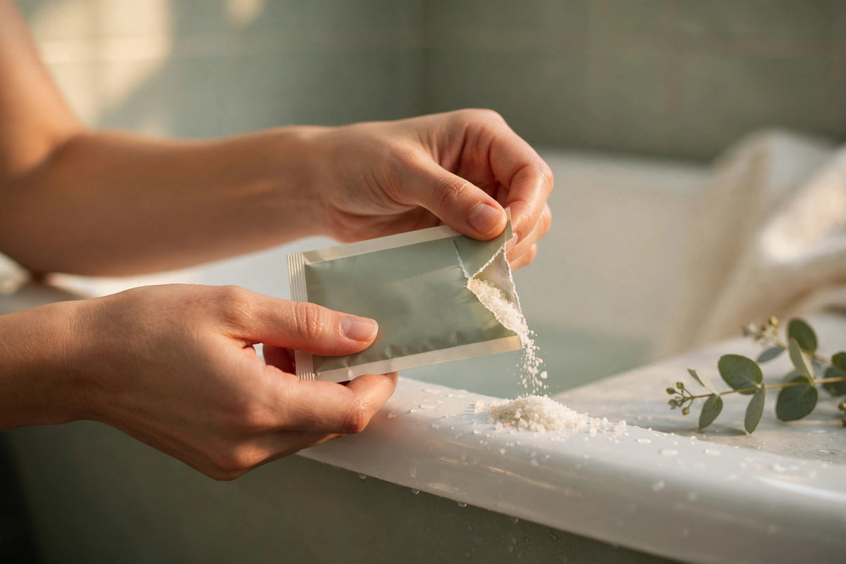 Hands tearing open a bath soak sachet over a bathtub