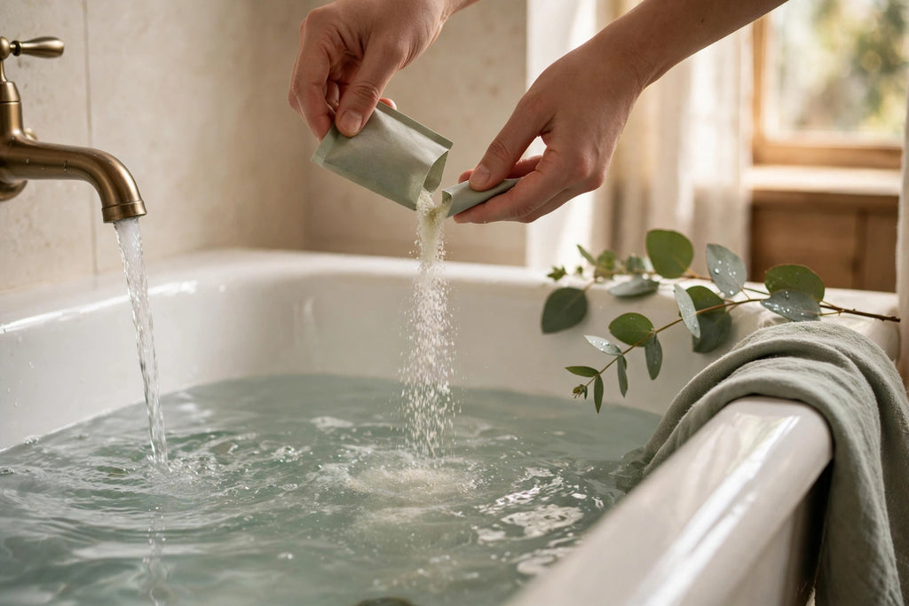 Pouring bath soak salts from a sachet into a running bath