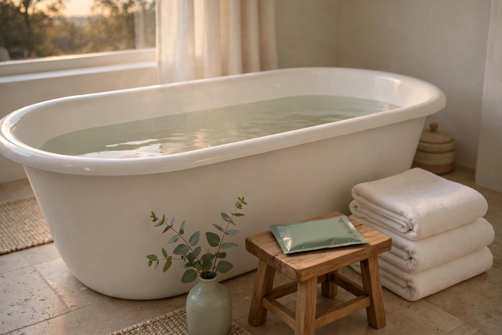 Bath setting with folded towels and a bath soak sachet