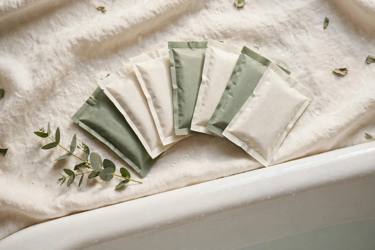 Bath soak sachets fanned out on linen beside a bathtub