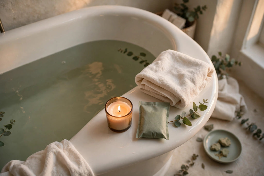 Calm bath setting with a candle, towel and bath soak sachet