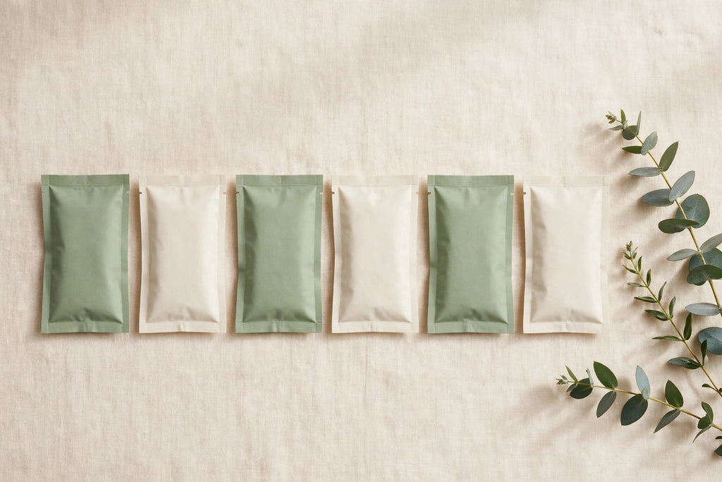 Bath soak sachets in plain sage and ivory pouches