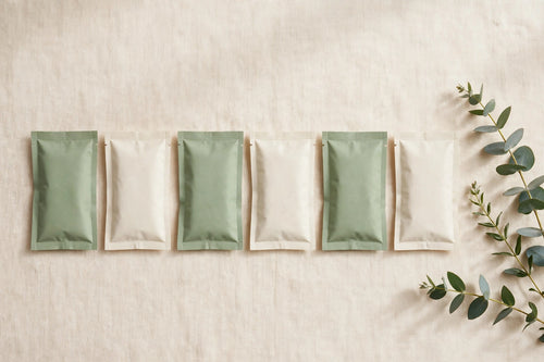 Bath soak sachets in plain sage and ivory pouches