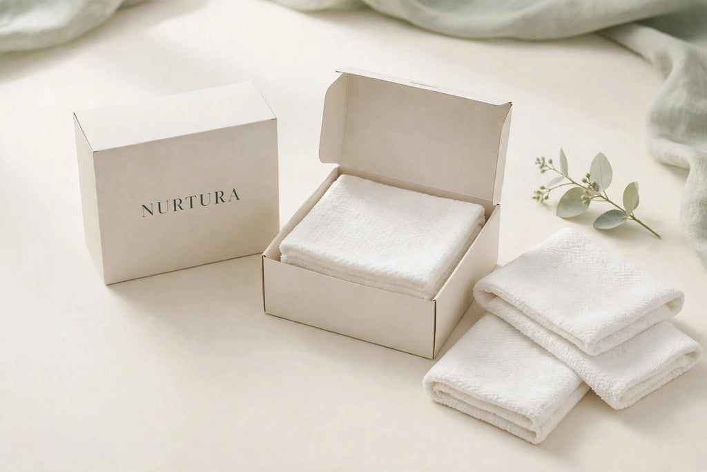 Nurtura Disposable Face Towels — NURTURA-branded boxes with folded white towels
