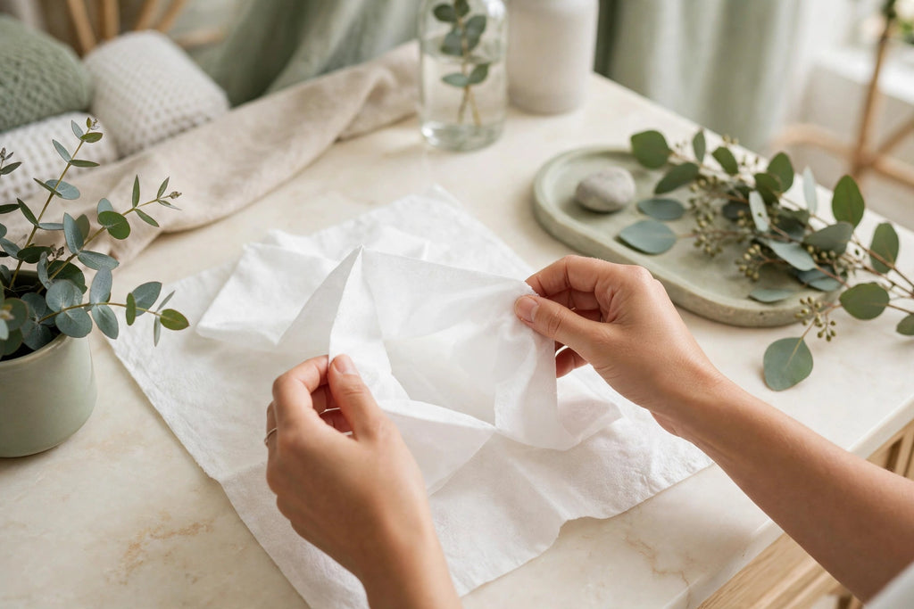 Nurtura Disposable Face Towels — hands unfolding a fresh towel