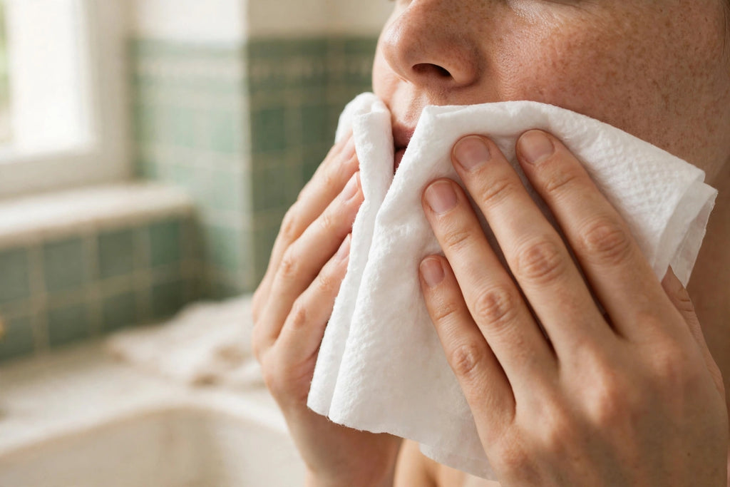 Nurtura Disposable Face Towels — patting dry face close-up
