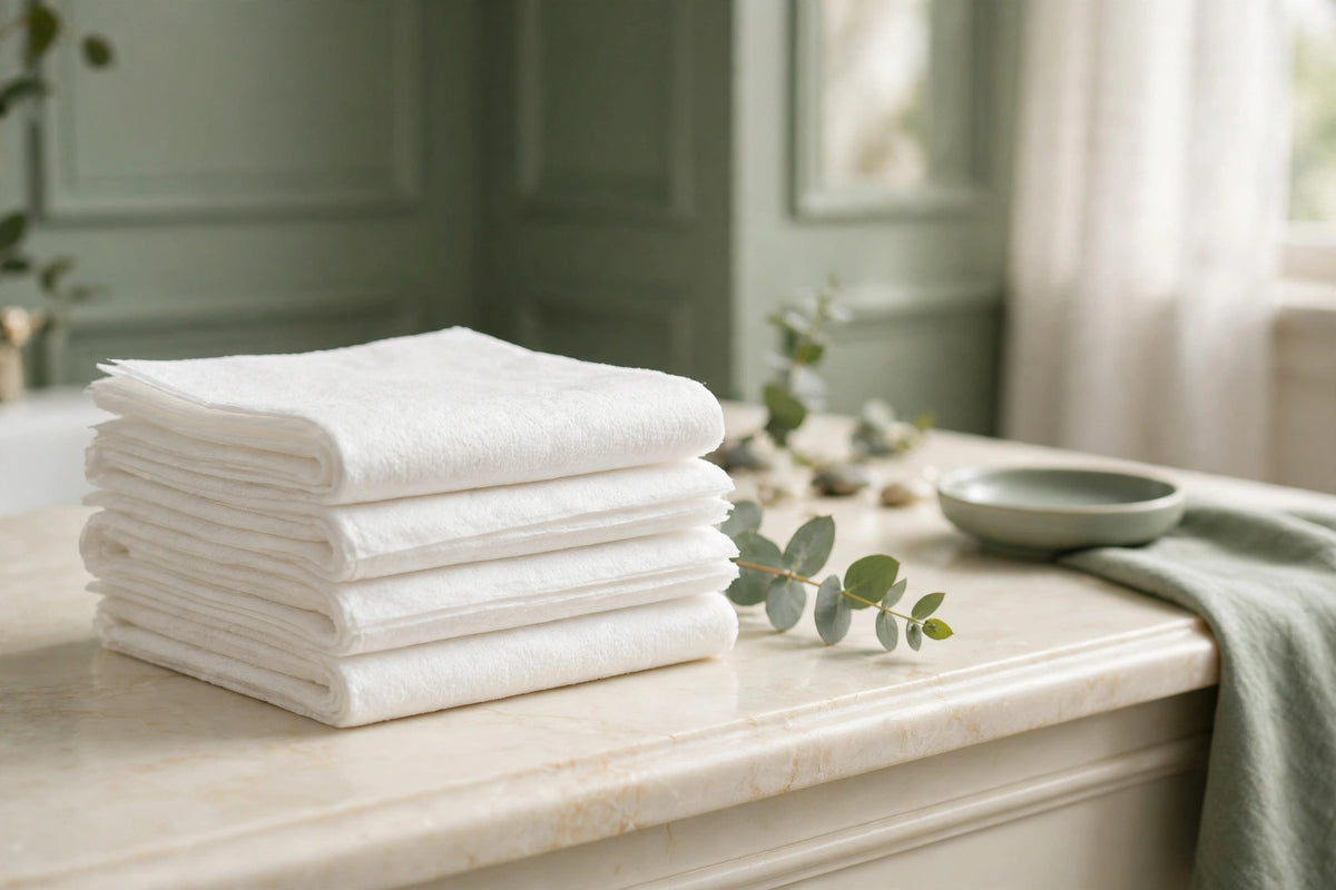 Nurtura Disposable Face Towels — stack of towels on a vanity