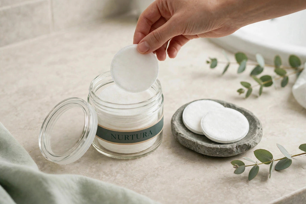 Hand lifting a white toner pad from the Nurtura jar