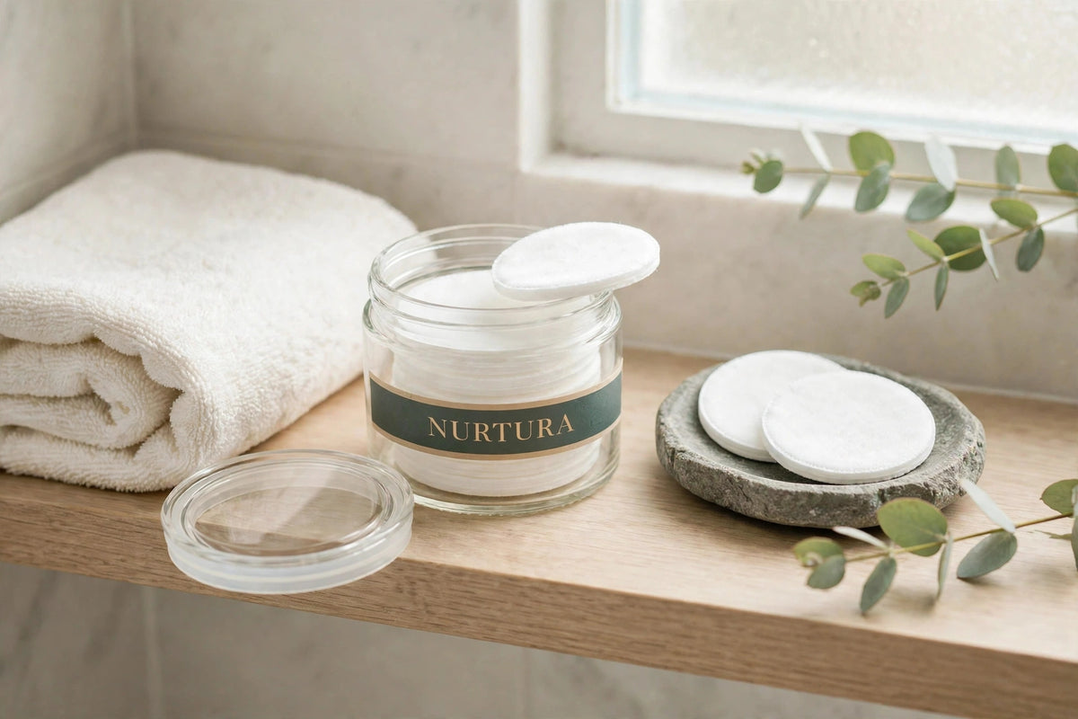 Nurtura toner pads jar on a bathroom shelf with pads on a stone dish