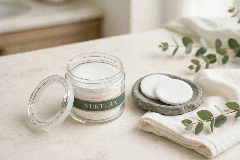 Nurtura toner pads jar on a bathroom vanity with towel and eucalyptus