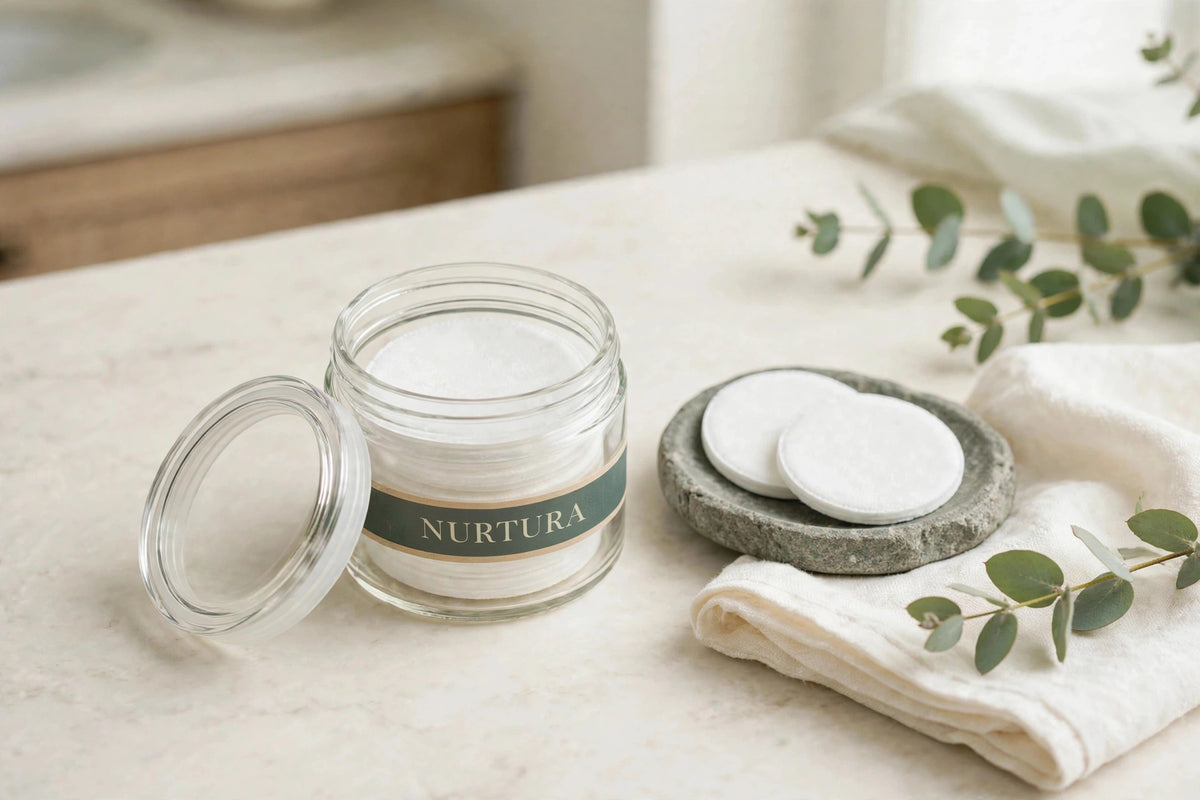 Nurtura toner pads jar on a bathroom vanity with towel and eucalyptus