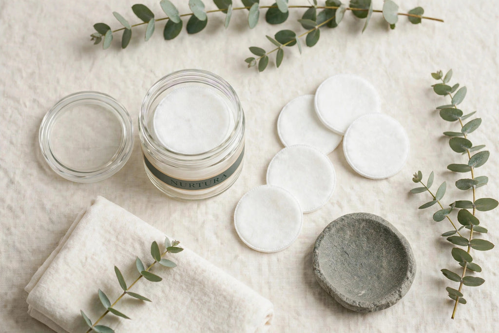 Flat lay of Nurtura toner pads jar with loose pads towel and eucalyptus