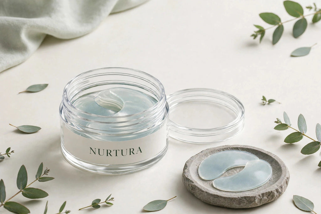 Nurtura Hydrogel Under-Eye Patches — branded jar of gel patches with two patches on a stone dish