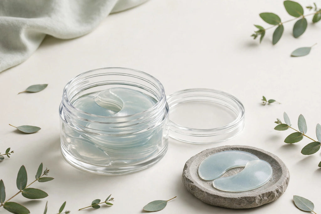 Nurtura Hydrogel Under-Eye Patches — clear jar of gel patches with two patches on a stone dish