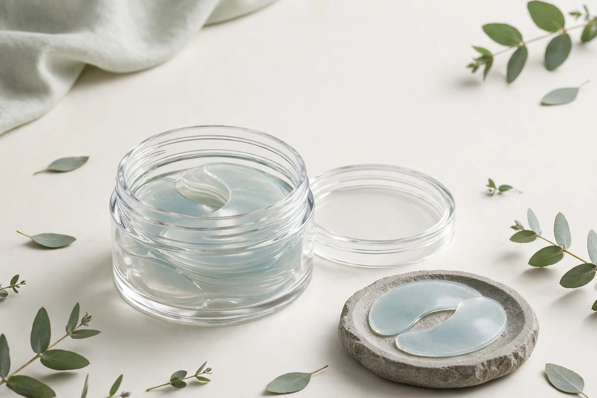 Nurtura Hydrogel Under-Eye Patches — clear jar of gel patches with two patches on a stone dish