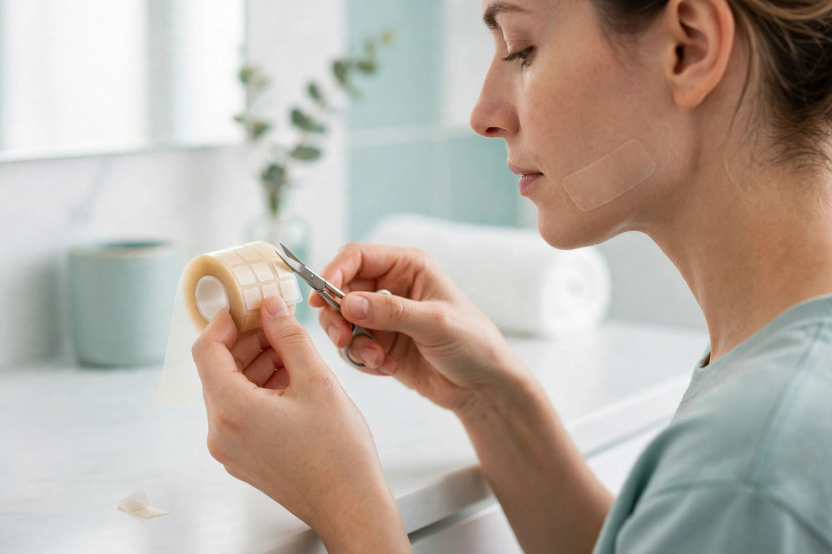 Cutting a patch to size from the roll — patch already worn on the jaw