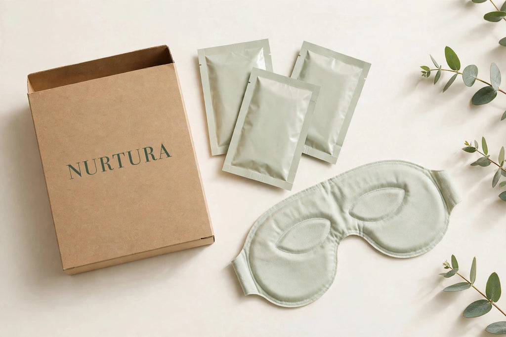 Nurtura Self-Heating Steam Eye Masks — NURTURA-branded box with sachets and an unfolded mask