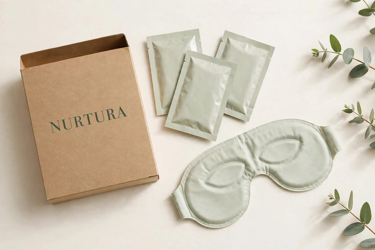 Nurtura Self-Heating Steam Eye Masks — NURTURA-branded box with sachets and an unfolded mask