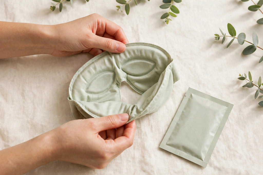 Nurtura Self-Heating Steam Eye Masks — hands unfolding a sage eye mask