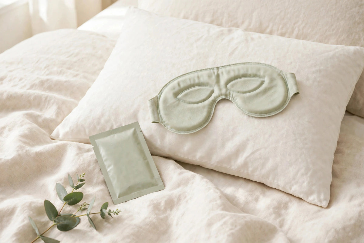 Nurtura Self-Heating Steam Eye Masks — sage mask resting on a white pillow