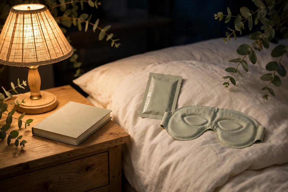 Nurtura Self-Heating Steam Eye Masks — mask and sachet by a bedside lamp at night