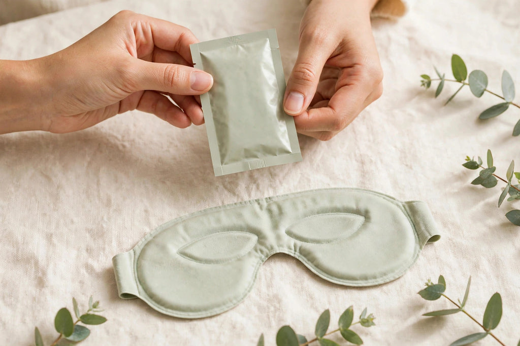 Nurtura Self-Heating Steam Eye Masks — hands holding a sage sachet