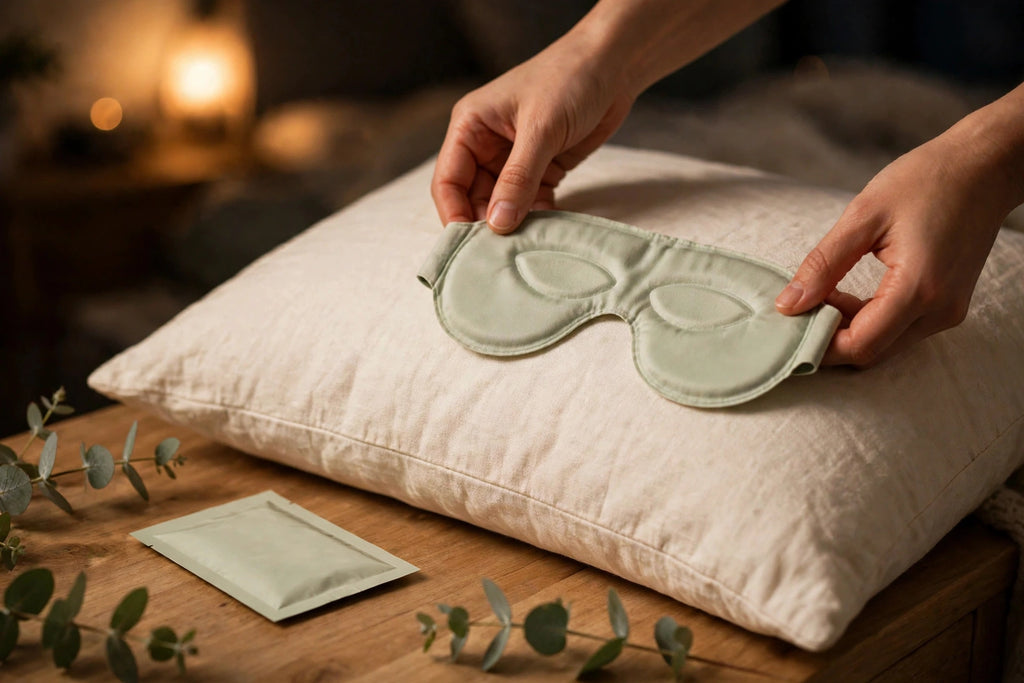 Nurtura Self-Heating Steam Eye Masks — hands placing a sage mask on a pillow in warm lamplight