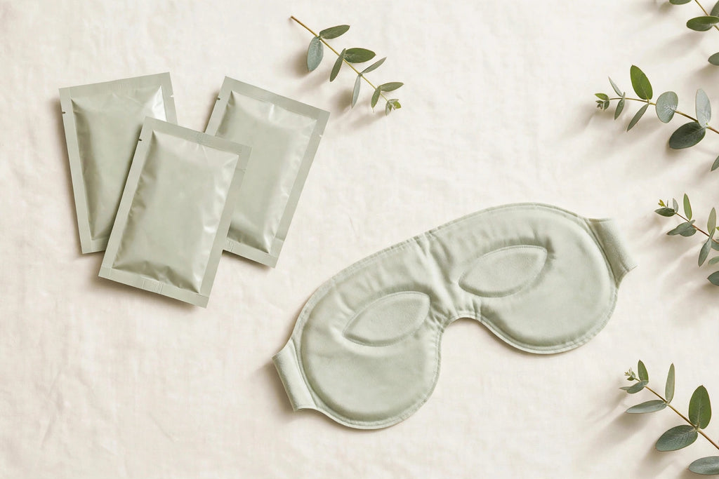 Nurtura Self-Heating Steam Eye Masks — mask and sachets flat lay with eucalyptus