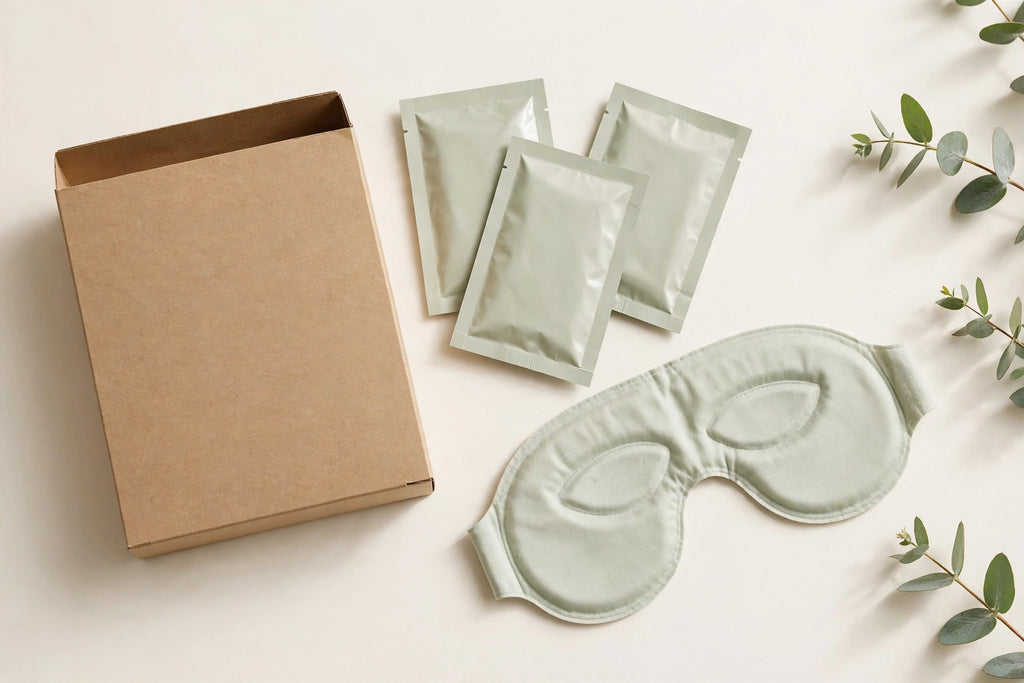 Nurtura Self-Heating Steam Eye Masks — plain box with sachets and an unfolded mask