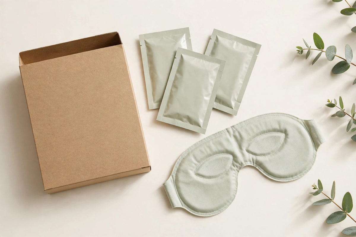 Nurtura Self-Heating Steam Eye Masks — plain box with sachets and an unfolded mask